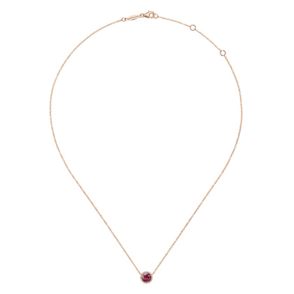 14K Rose Gold Round Pink Tourmaline and Diamond Halo Pendant Necklace