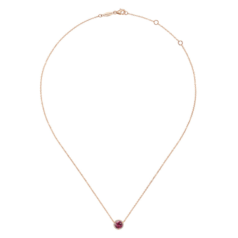 14K Rose Gold Round Pink Tourmaline and Diamond Halo Pendant Necklace - 0.07 ct - Shot 2