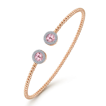 14K Rose Gold Round Pink Zircon and Diamond Halo Bujukan Bangle
