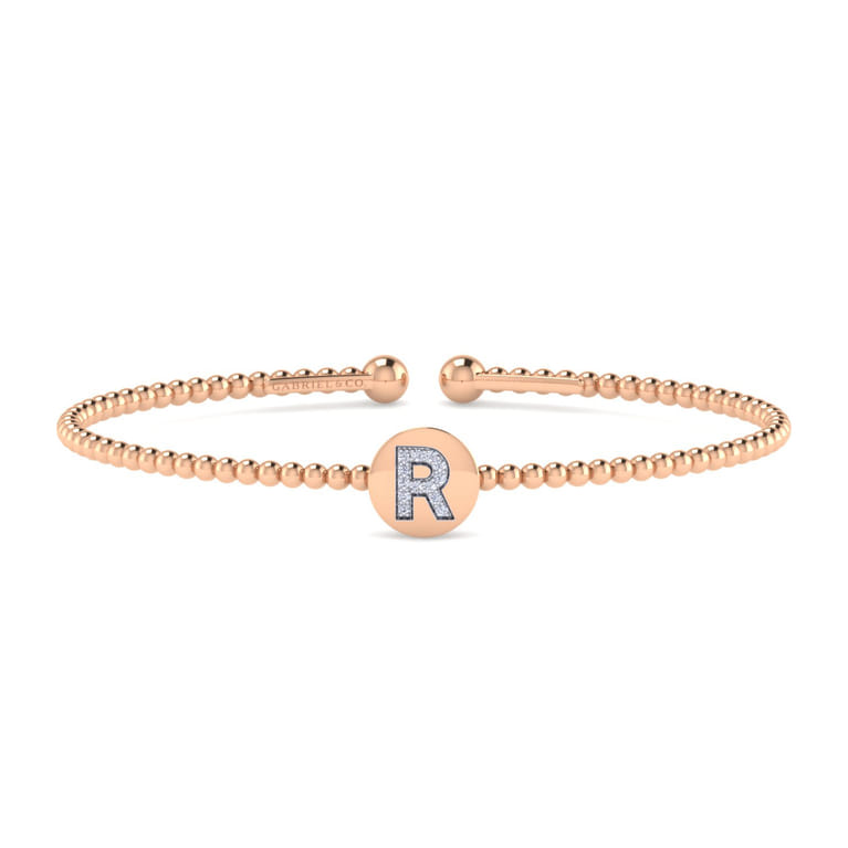 14K Rose Gold Round R Initial Diamond Bujukan Cuff Bracelet - 0.05 ct - Shot 1