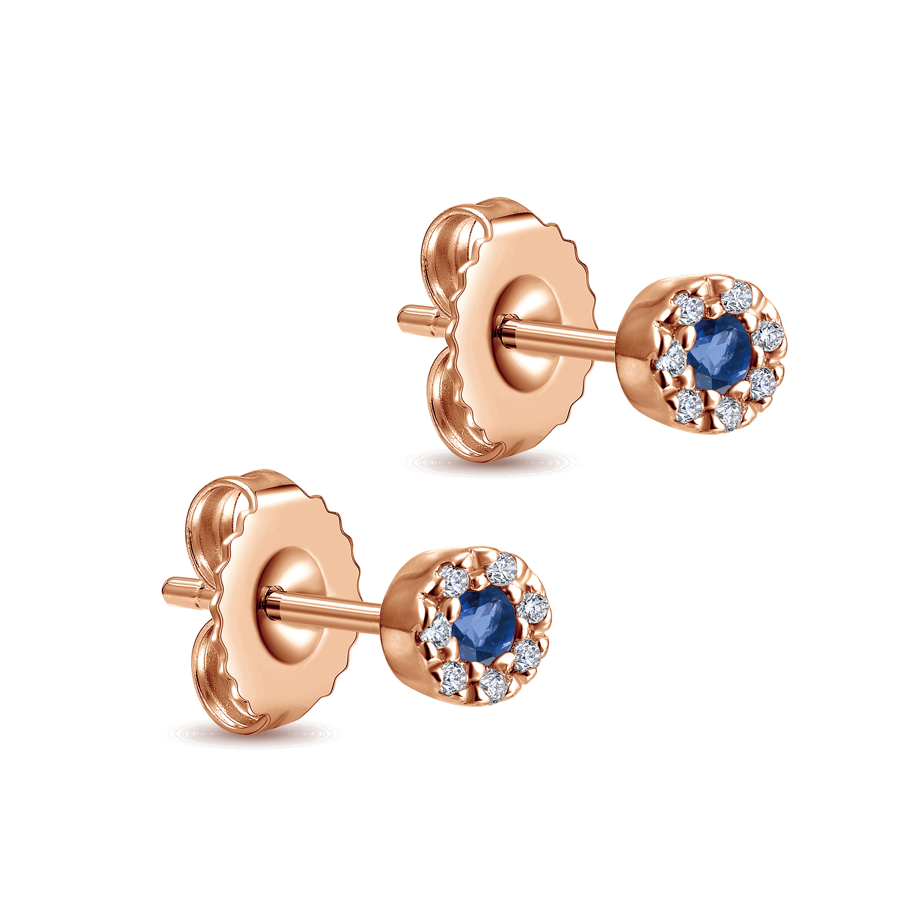 14K Rose Gold Round Sapphire Diamond Halo Stud Earrings - 0.05 ct - Shot 2