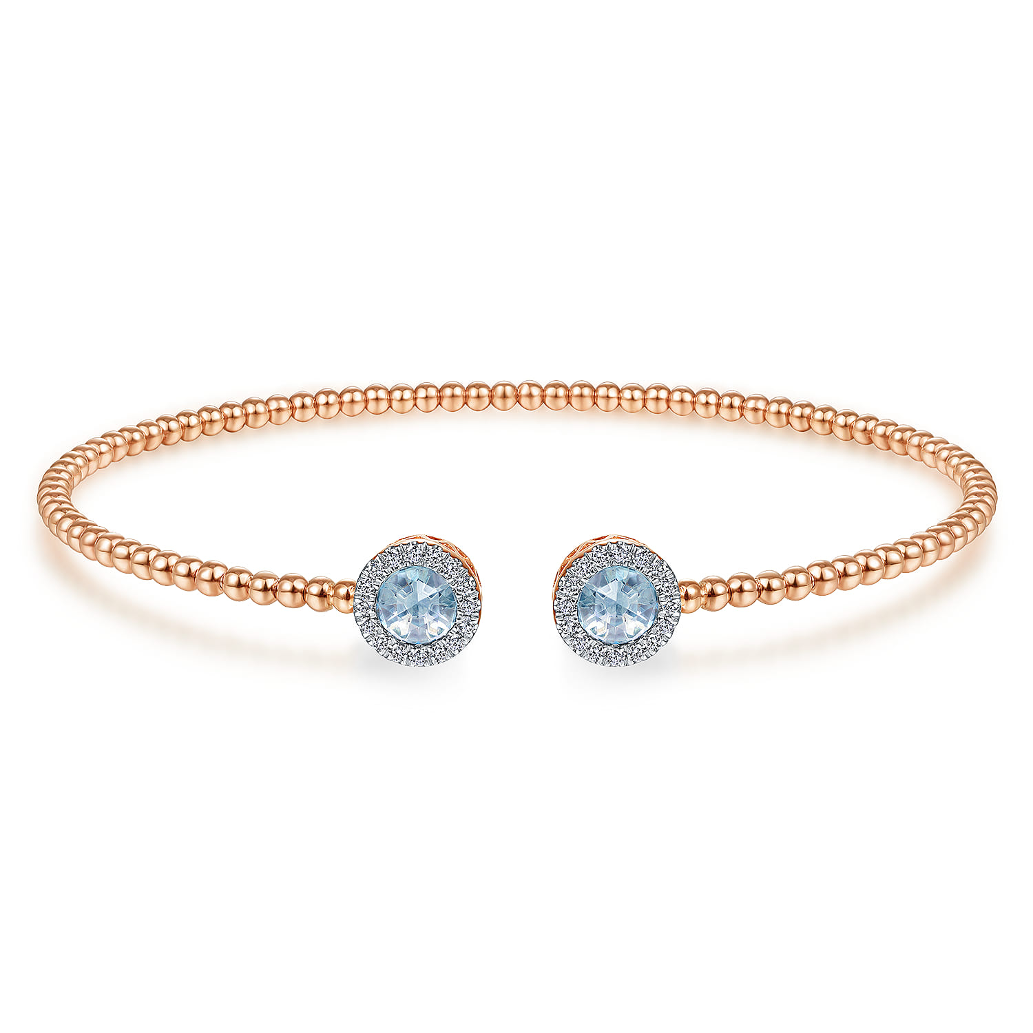 14K Rose Gold Round Sky Blue Topaz and Diamond Halo Bujukan Bangle - 0.16 ct - Shot 1