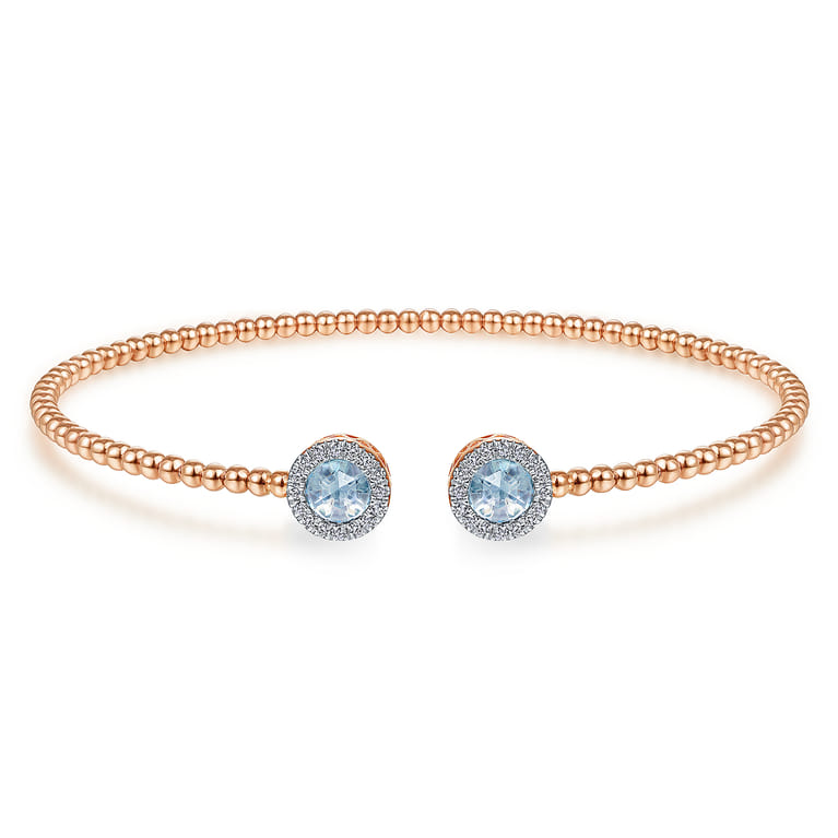 14K Rose Gold Round Sky Blue Topaz and Diamond Halo Bujukan Bangle - 0.16 ct - Shot 1