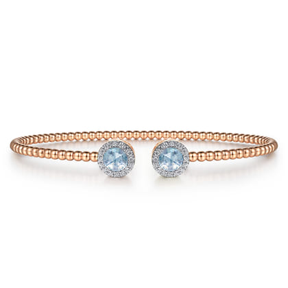 14K Rose Gold Round Sky Blue Topaz and Diamond Halo Bujukan Bangle