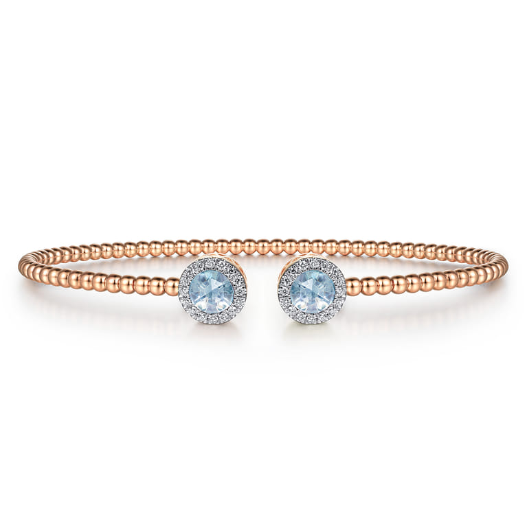 14K Rose Gold Round Sky Blue Topaz and Diamond Halo Bujukan Bangle - 0.16 ct - Shot 1