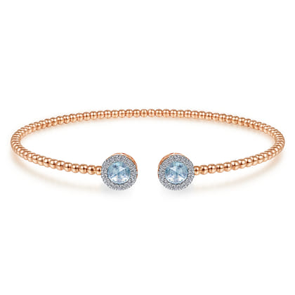 14K Rose Gold Round Sky Blue Topaz and Diamond Halo Bujukan Bangle