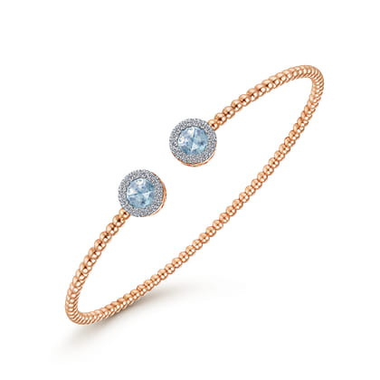 14K Rose Gold Round Sky Blue Topaz and Diamond Halo Bujukan Bangle