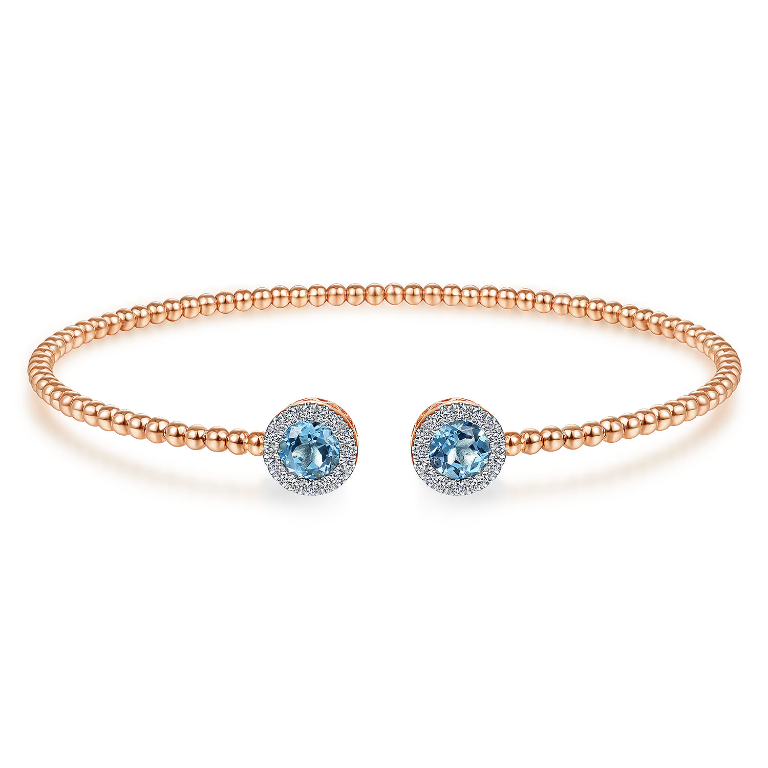 14K Rose Gold Round Swiss Blue Topaz and Diamond Halo Bujukan Bangle - 0.16 ct - Shot 1