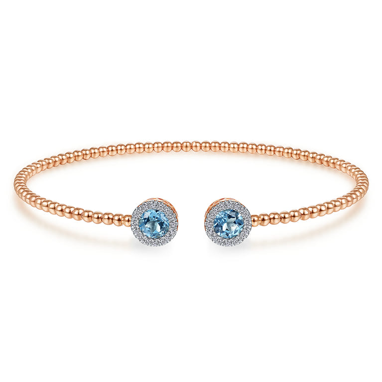 14K Rose Gold Round Swiss Blue Topaz and Diamond Halo Bujukan Bangle - 0.16 ct - Shot 1