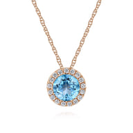 14K Rose Gold Round Swiss Blue Topaz and Diamond Halo Pendant Necklace