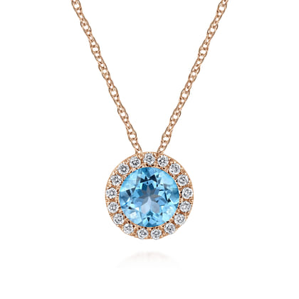 14K Rose Gold Round Swiss Blue Topaz and Diamond Halo Pendant Necklace