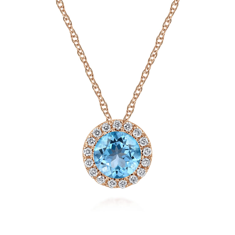 14K Rose Gold Round Swiss Blue Topaz and Diamond Halo Pendant Necklace - 0.07 ct - Shot 1