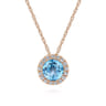 14K Rose Gold Round Swiss Blue Topaz and Diamond Halo Pendant Necklace - 0.07 ct