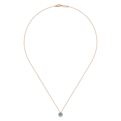 14K Rose Gold Round Swiss Blue Topaz and Diamond Halo Pendant Necklace