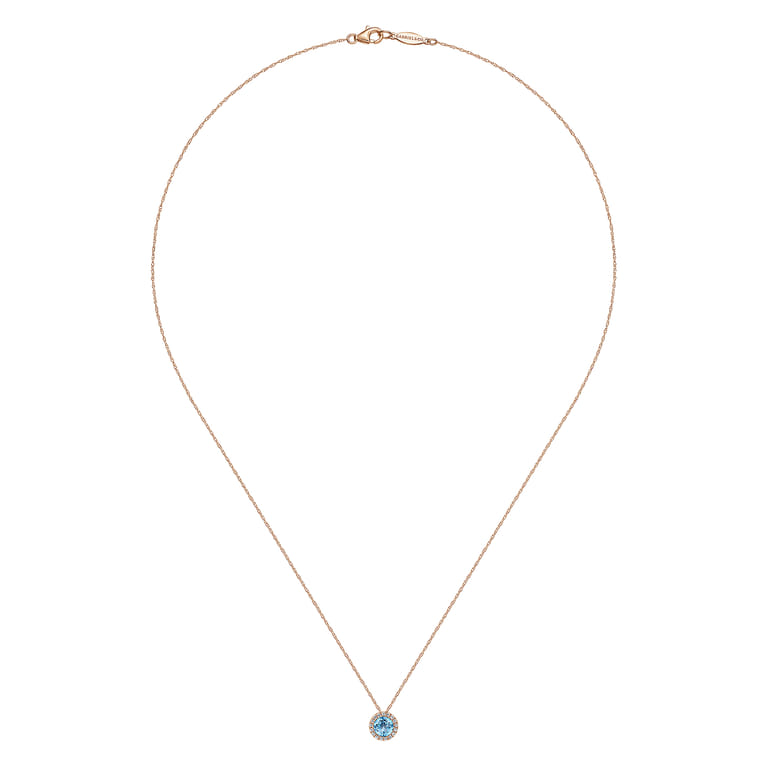 14K Rose Gold Round Swiss Blue Topaz and Diamond Halo Pendant Necklace - 0.07 ct - Shot 2