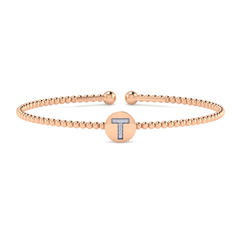 14K Rose Gold Round T Initial Diamond Bujukan Cuff Bracelet - 0.03 ct - Shot 1