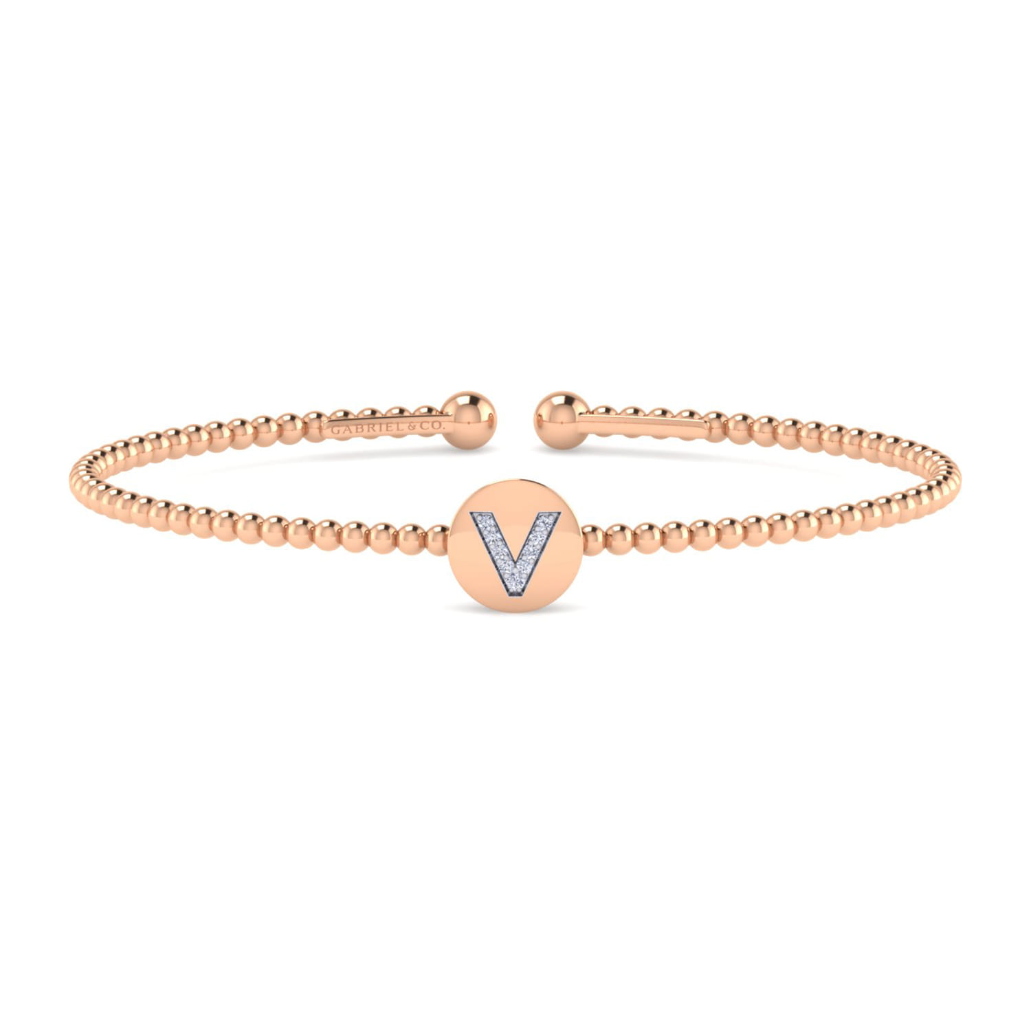 14K Rose Gold Round V Initial Diamond Bujukan Cuff Bracelet - 0.04 ct - Shot 1