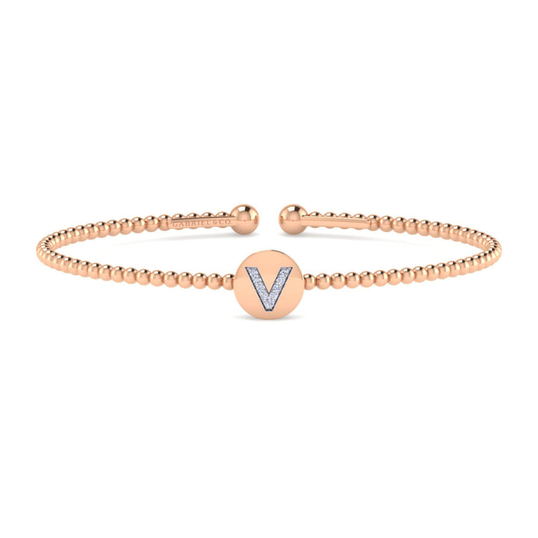 14K Rose Gold Round V Initial Diamond Bujukan Cuff Bracelet - 0.04 ct - Shot 1