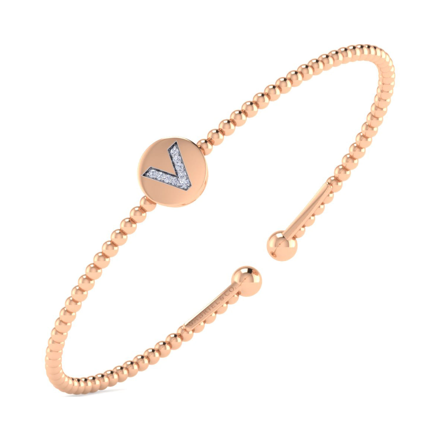 14K Rose Gold Round V Initial Diamond Bujukan Cuff Bracelet - 0.04 ct - Shot 2