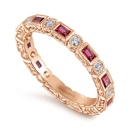 14K Rose Gold Ruby Baguette and Diamond Round Eternity Ring - Shot 3