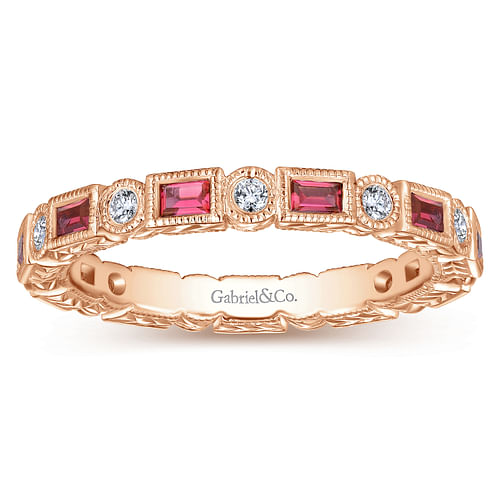 14K Rose Gold Ruby Baguette and Diamond Round Eternity Ring - Shot 4