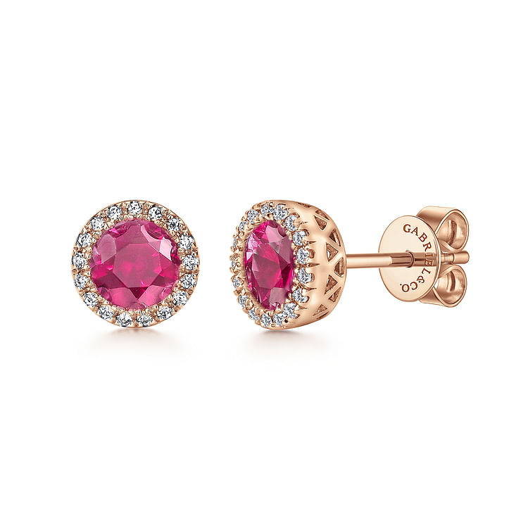 14K Rose Gold Ruby Dia Halo Stud Earrings