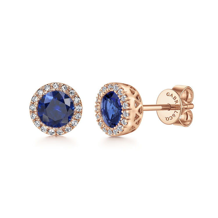 14K Rose Gold SA - Blue Sapphire Halo Stud Earrings