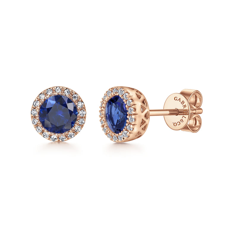 14K Rose Gold SA - Blue Sapphire Halo Stud Earrings - 0.1 ct - Shot 1