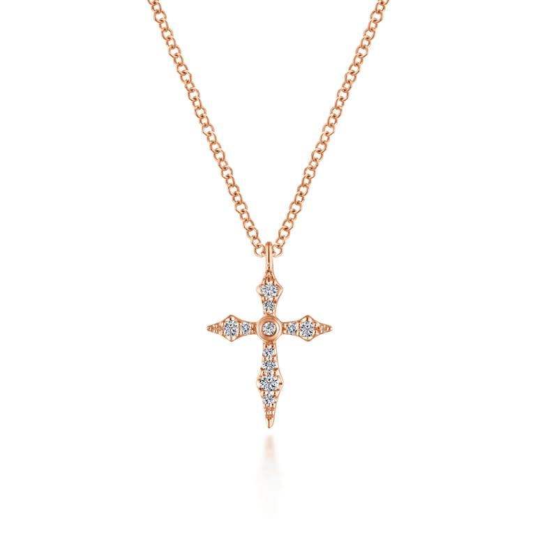 14K Rose Gold Sculpted Diamond Cross Pendant Necklace - 0.09 ct - Shot 1