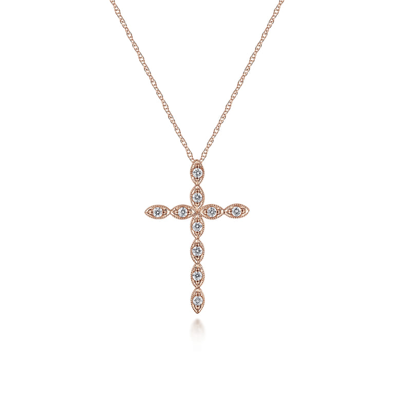 14K Rose Gold Segmented Diamond Cross Necklace - 0.15 ct - Shot 1
