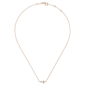 14K Rose Gold Sideways Curved Diamond Cross Necklace