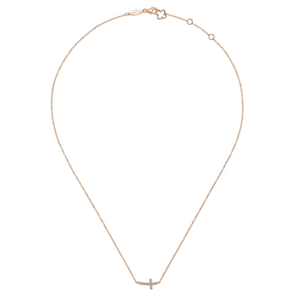 14K Rose Gold Sideways Curved Diamond Cross Necklace