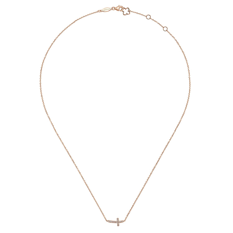 14K Rose Gold Sideways Curved Diamond Cross Necklace