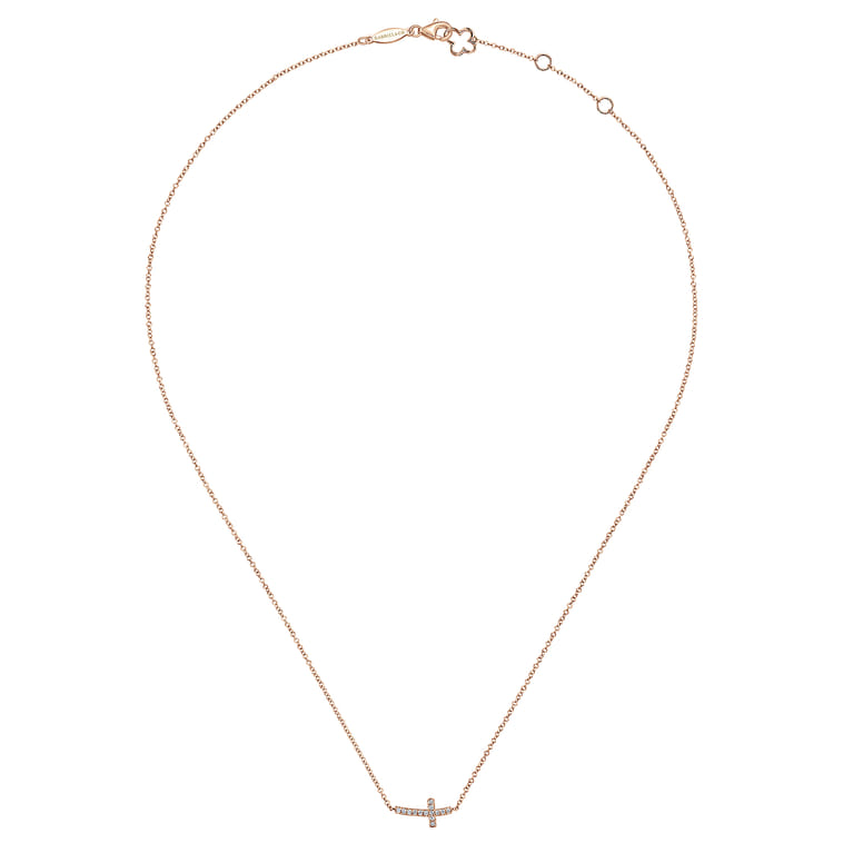 14K Rose Gold Sideways Curved Diamond Cross Necklace - 0.07 ct - Shot 2