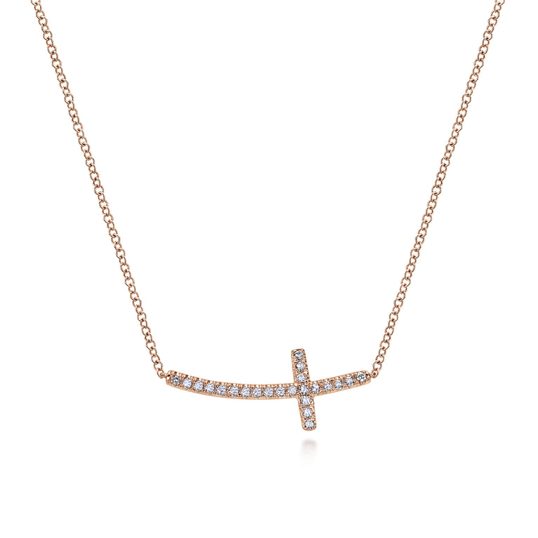 14K Rose Gold Sideways Curved Diamond Cross Necklace - 0.17 ct - Shot 1