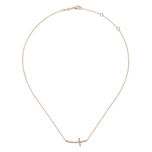 14K Rose Gold Sideways Curved Diamond Cross Necklace