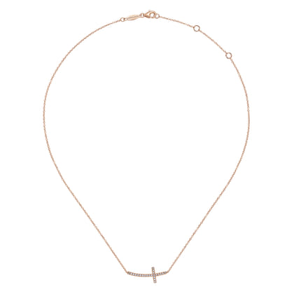 14K Rose Gold Sideways Curved Diamond Cross Necklace