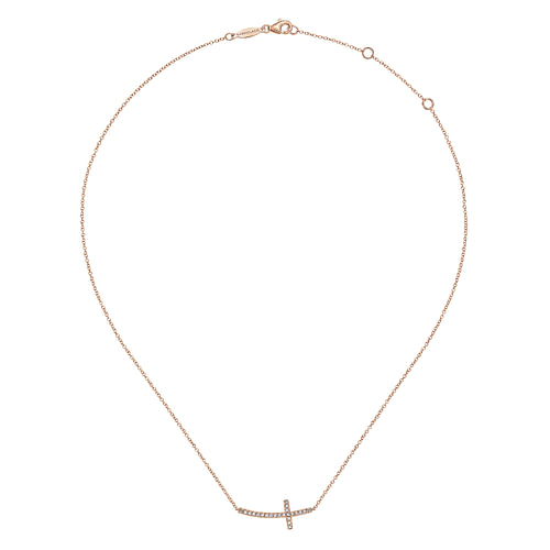 14K Rose Gold Sideways Curved Diamond Cross Necklace - 0.17 ct - Shot 2