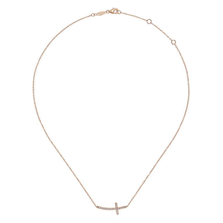 14K Rose Gold Sideways Curved Diamond Cross Necklace - 0.17 ct - Shot 2