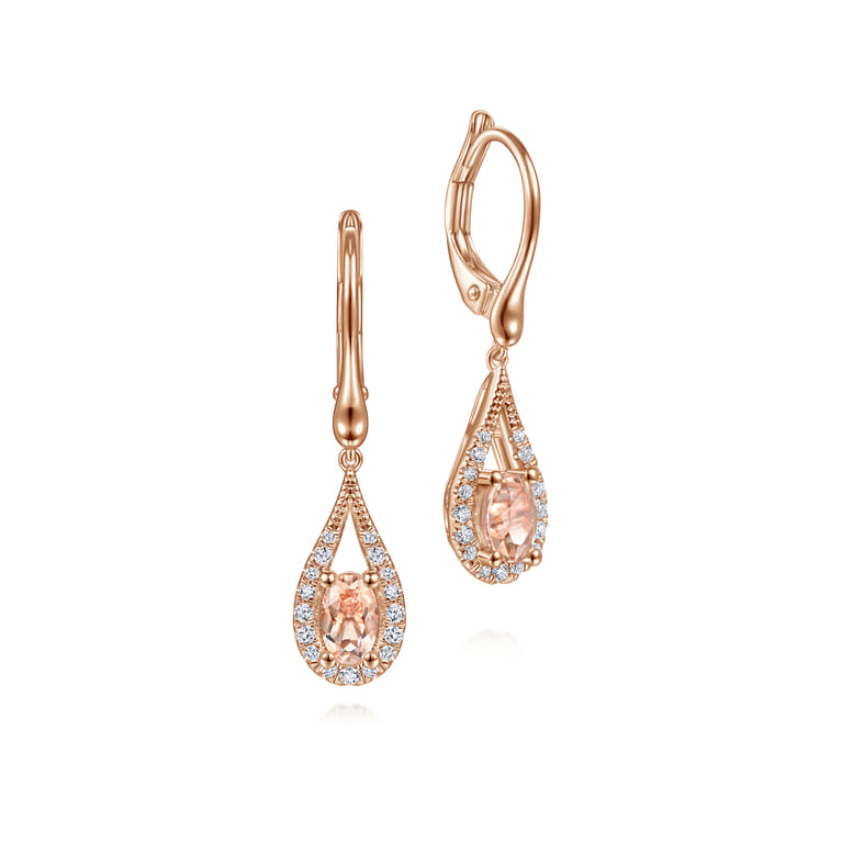 14K Rose Gold Teardrop Morganite and Diamond Drop Earrings - 0.21 ct - Shot 1