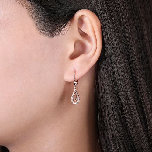 14K Rose Gold Teardrop Morganite and Diamond Drop Earrings - 0.21 ct - Shot 2