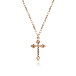 14K Rose Gold Twisted Rope Cross Pendant Necklace