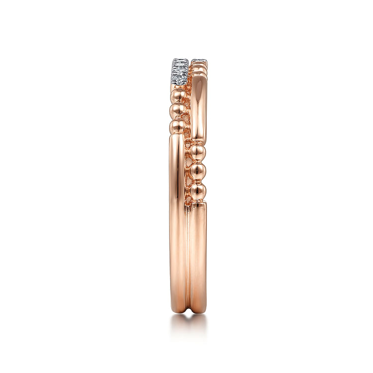 14K Rose Gold Two Row Beaded Diamond Stackable Ring