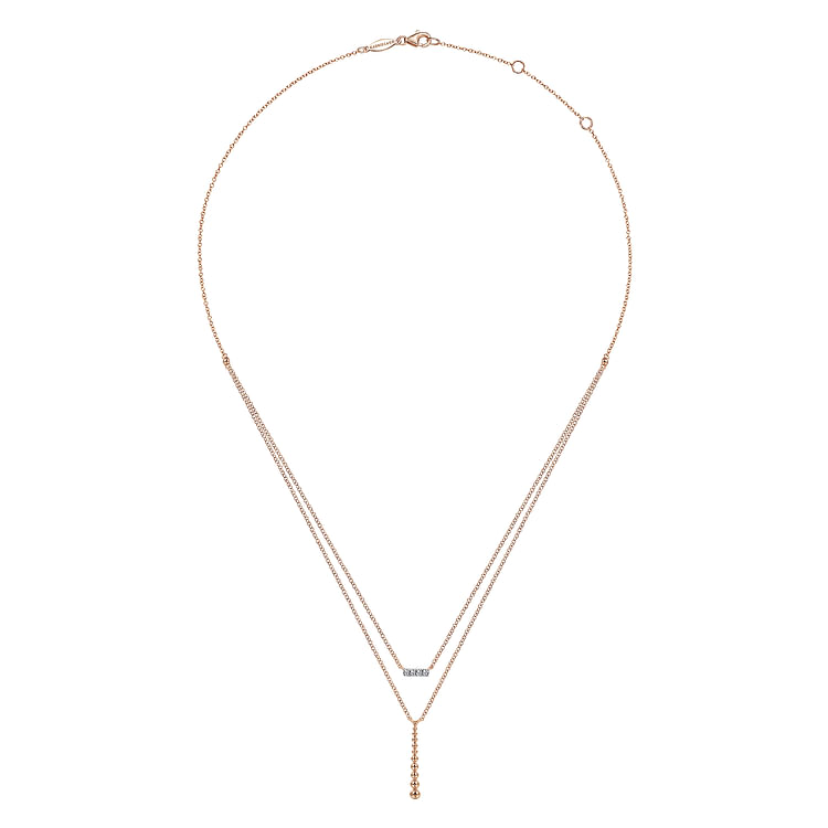 14K Rose Gold Two Strand Diamond Bar and Bujukan Beaded Pendant Necklace