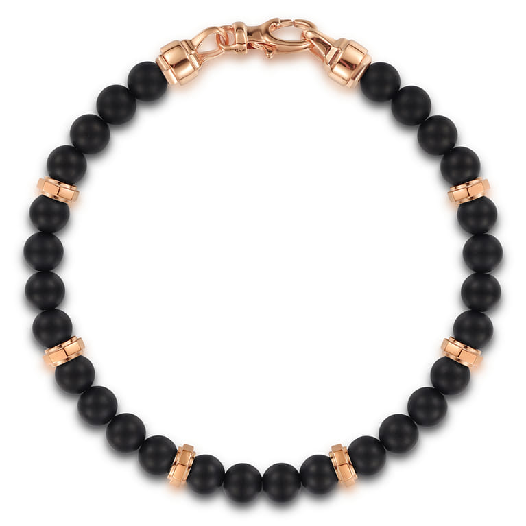 14K Rose Gold and 6mm Black Titanium Beaded Men's Bracelet - Shot 1