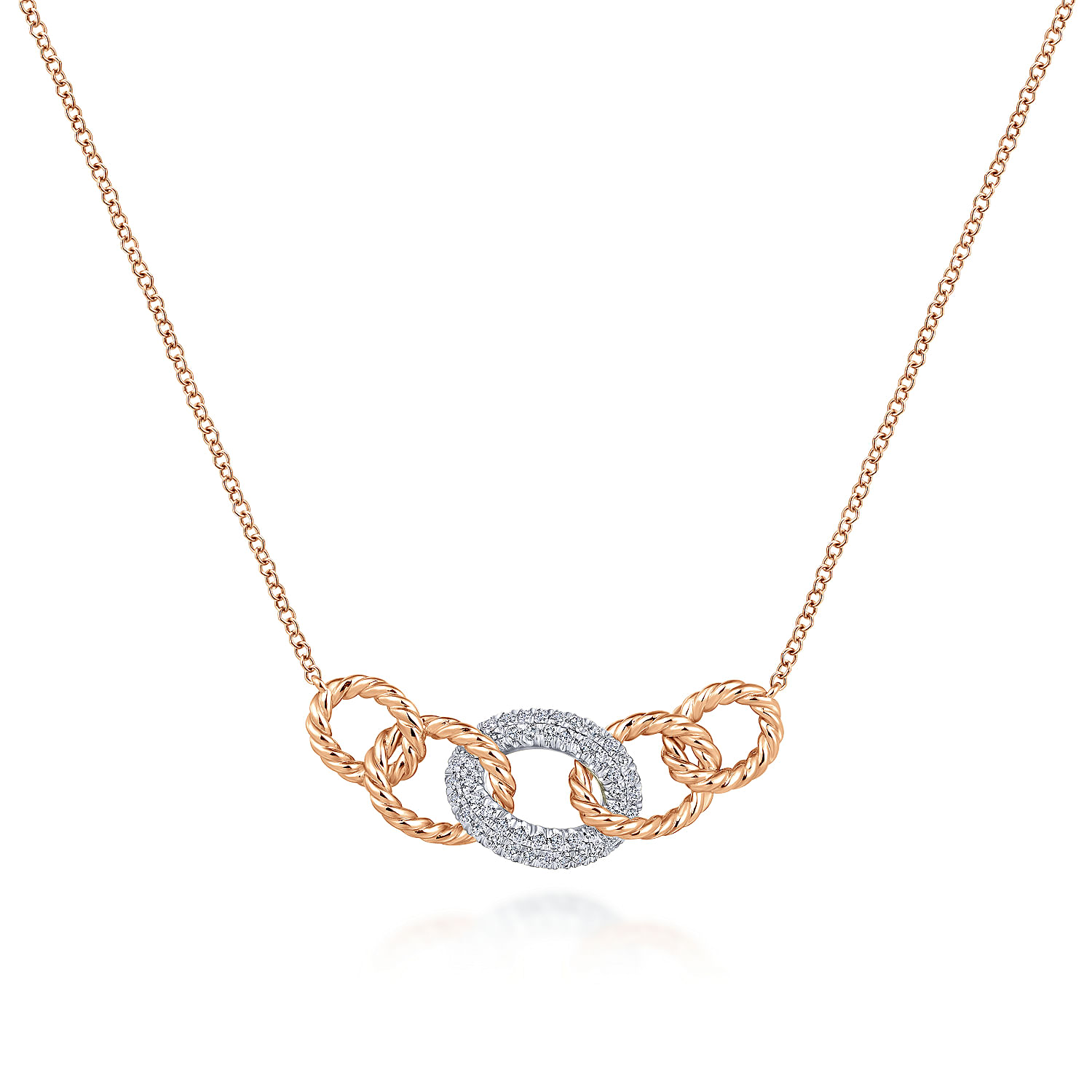 14K Rose White Gold Twisted Rope Link Necklace with Pave Diamond Link Station