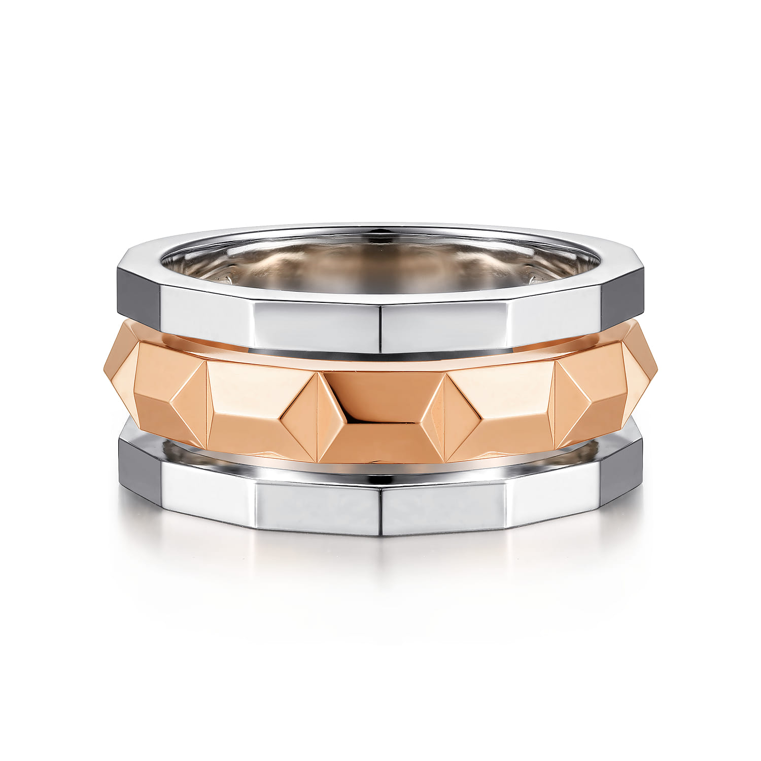 14K Rose-White Gold Wide Faceted Ring in High Polished Finish - Shot 1