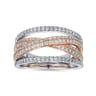 14K Rose and White Gold Criss Crossing Multi Row Diamond Ring - 0.6 ct
