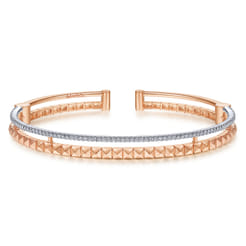 14K Rose and White Gold Split Cuff with Pyramids and Diamonds