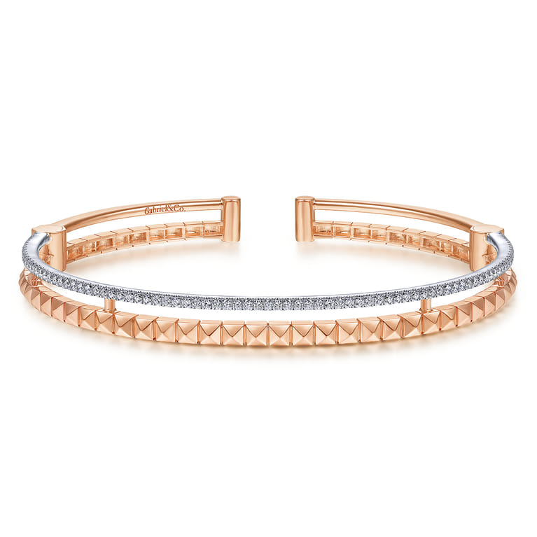 14K Rose and White Gold Split Cuff with Pyramids and Diamonds - 0.45 ct - Shot 1